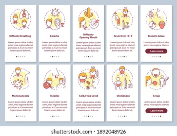 Sore throat complications onboarding mobile app page screen with concepts set. Infectious illness causes walkthrough 5 steps graphic instructions. UI vector template with RGB color illustrations