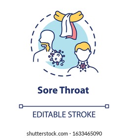 Sore throat concept icon. Respiratory illness. Contagious disease. Allergy symptom. Flu infection idea thin line illustration. Vector isolated outline RGB color drawing. Editable stroke