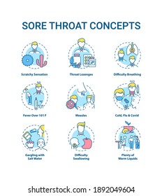 Sore throat concept icons set. Cold, flu and covid idea thin line RGB color illustrations. Scratchy sensation. Warm liquids. Difficulty breathing. Vector isolated outline drawings. Editable stroke