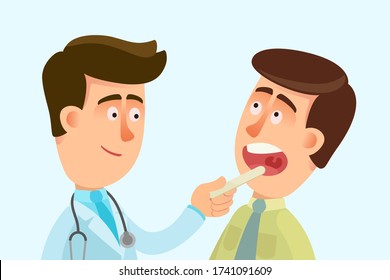 Sore throat. A doctor examines the throat and nose of sick man with an open mouth, close-up. Physician hold tool. Vector illustration, flat design, cartoon style, isolated background, portrait.