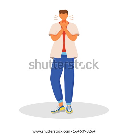 Sore throat flat color vector faceless character. Man with neck pain. Male patient with flu. Young guy with cold. Adult with tonsils sickness. Symptom of disease isolated cartoon illustration