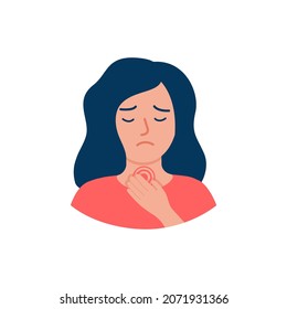 Sore throat of girl, pain and inflammation in neck. Woman holds on to her throat. Painful sensations. Contacting an otolaryngologist for help treatment. Vector illustration