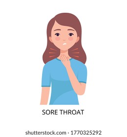 Sore Throat, Girl Suffering from Symptom of Viral Infection, Influenza or Respiratory Illness, Healthcare and Medicine Information about Flu and Virus Prevention Vector Illustration