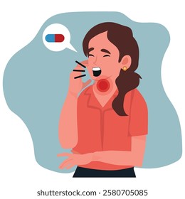 sore throat and inflammation, flu, sick woman thinking about medicine. vector illustration.