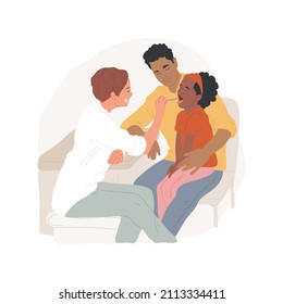 Dibujo vectorial de dibujos animados aislados de garganta irritada. Visitar a un médico de familia, revisar la garganta con un palo, abrir la boca al niño, un niño enfermo, consulta al médico, un vector de dibujos animados de angina.