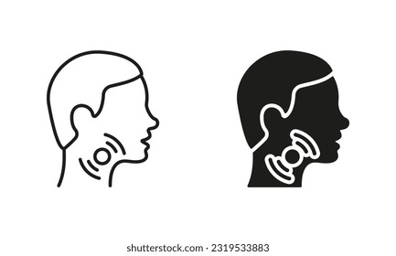 Sore Throat Line and Silhouette Icon Set. Painful Sore Throat Symbol Collection. Male Head with Symptoms of Angina, Flu, Cold Pictogram. Isolated Vector illustration.