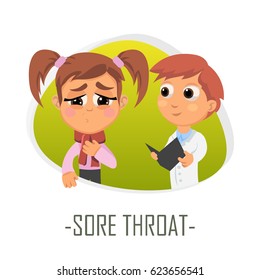 Sore throat medical concept. Vector illustration. Doctor and patient are talking in the hospital. Isolated on white background.