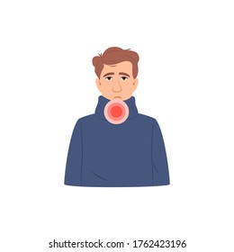 Sore throat pain, difficulty swallowing concept. Young caucasian man avatar with sore throat isolated on white backdrop. Flu common cold influenza infection disease symptom Medical vector illustration