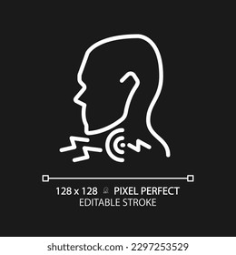 Sore throat pixel perfect white linear icon for dark theme. Patient suffering from pain. Medical diagnostics. Thin line illustration. Contour symbol. Vector outline drawing. Editable stroke