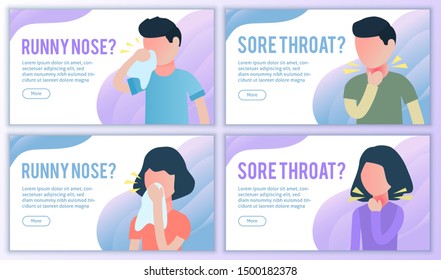 Sore throat and runny nose website banners set. Cold or flu virus symptom influenza landing page. For medical treatment and healthcare, packaging of tablets.. Flat vector bundle. Male and female. 