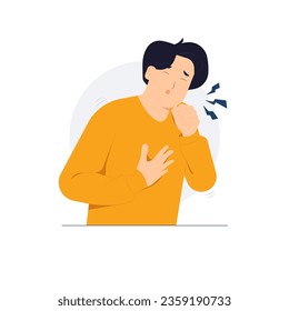 Sore throat, sick, asthma, cold, fever, allergies, respiratory diseases symptoms. Man coughing holds chest, hand covers mouth concept illustration