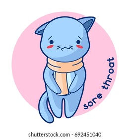 Sore throat sick cute kitten. Illustration of kawaii cat.