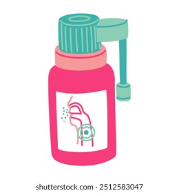 Sore throat spray, flat color illustration of the medicine. A closed canister with a tube for spraying into the throat. A medicine for sore throat, for the treatment of colds. With the first diseases