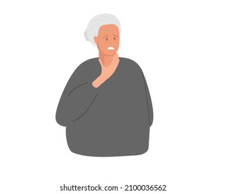 Sore Throat. Suffering From Pain. Senior Woman Holding Her Inflamed Throat. Mature Lady Throat Hurts. Flu, Viral Infection, Influenza Or Respiratory Illness. Flat Vector Illustration. Physical Injury