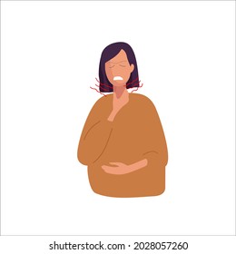 Sore Throat. Suffering from pain. Woman holding her inflamed throat. Girl's throat hurts. Flu, Viral Infection, Influenza or Respiratory Illness. Flat vector illustration. Physical injury collection