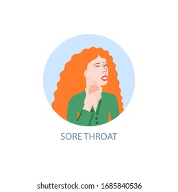 sore throat - symptom of coronavirus, hand drawing icon, sick girl with red hair holds sore throat with her hand, covid-19 vector illustration