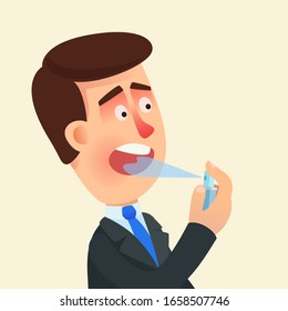 Sore throat. Unwell man holding spray can and sprayed cure into mouth, treats throat. Inflamed glands, angina and tonsillitis. Bad smell from mouth. Vector illustration, flat cartoon, isolated.