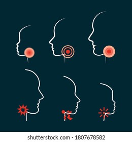 Sore Throat Vector Icon Illustrations. Profile Silhouettes of the flu and cough symptom with Local Ache in glands. Men, Women and Child head with Throat Pain. Medicine Logo Design for spray or pills