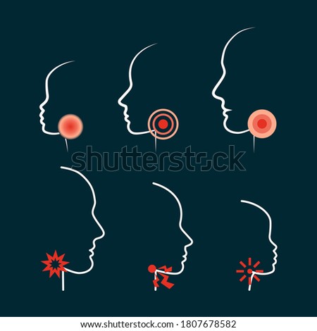 Sore Throat Vector Icon Illustrations. Profile Silhouettes of the flu and cough symptom with Local Ache in glands. Men, Women and Child head with Throat Pain. Medicine Logo Design for spray or pills