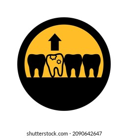 Sore tooth and arrow up, black and yellow colors, round sign for design on a white background, vector illustration