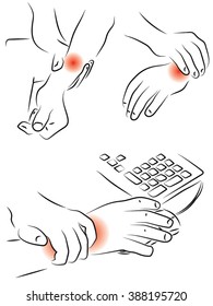 Sore wrist, a woman holds palm, hand, fingers, keyboard. Drawn by hand scribble black and white cartoon vector. pain and medication