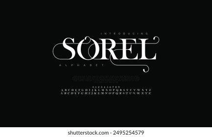 Sorel swash letras y números de alfabeto elegantes de lujo. tipografía de boda Antiguas classic serif font decorativo vintage retro. Ilustración vectorial creativa