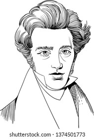 Soren Kierkegaard portrait in line art illustration. He was a Danish philosopher, theologian, poet, social critic and religious author who is considered to be the first existentialist philosopher.