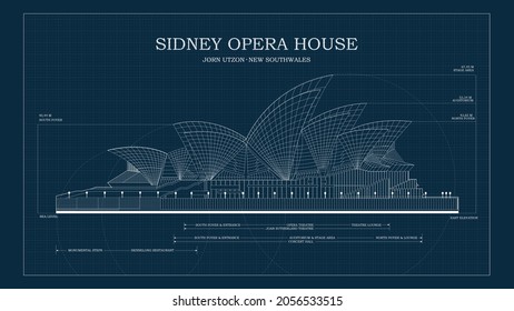 Sorong, West Papua, Indonesia, October 10th 2021. The blueprint vector image of Old style technical drawing of Sidney Opera House, Australia. 