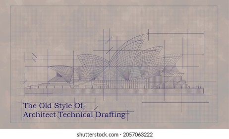 Sorong, West Papua, Indonesia, October 13th 2021. The blueprint vector image of Architect Old technical drawing style. The Vintage tracing paper effects. 