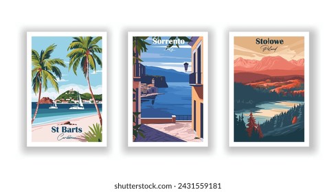 Sorrento, Italy. St Barts, Caribbean. Stołowe, Poland - Set of 3 Vintage Travel Posters. Vector illustration. High Quality Prints