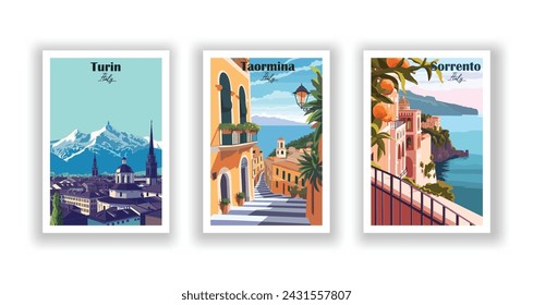 Sorrento, Italy. Taormina, Italy. Turin, Italy - Set of 3 Vintage Travel Posters. Vector illustration. High Quality Prints