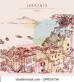 Sorrento, near Naples, Italy, Europe. Vesuvio volcano, sea, roofs. Historical buildings. Line art vector illustration. Above view. Travel sketchy drawing, hand lettering. Touristic postcard template