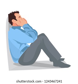 Sorrow and grief. A man is sitting on the floor. The man is crying. Vector illustration