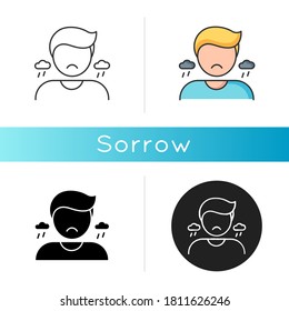 Sorrow icon. Negative emotion, bad feeling. Sadness, grief and depression. Linear black and RGB color styles. Emotional stress, problem. Sorrowful, upset person isolated vector illustrations