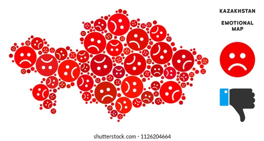 Sorrow Kazakhstan map composition of sad emojis in red colors. Negative mood vector concept of crisis regions. Kazakhstan map is formed of red sorrow emotion symbols. Abstract territorial plan.