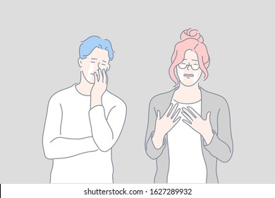 Sorrow, loss, crying, stress set concept. Young couple cries, feeling sorrow. Grievous loss raises stress level. Man and woman sorrow and weep. Boy and girl cant stop shed tears. Simple flat vector