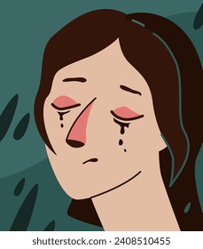 Ilustración vectorial de pesar. Mujer deprimida llorando mientras llueve sobre fondo sobre fondo azul. Niña con los ojos y la nariz rojas cerrados, las lágrimas de los ojos caen por la cara.