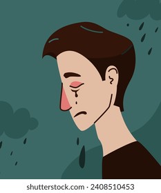 Ilustración vectorial de pesar. Molesto joven llorando mientras llueve de las nubes de fondo sobre fondo azul. Hombre con ojos rojos cerrados y nariz, las lágrimas de los ojos caen por la cara.