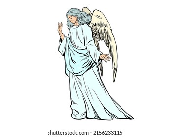 The sorrowful angel man. Symbol of sorrow and death, religious character, divine being, Christianity. Pop Art Retro Vector Illustration 50s 60s Kitsch Vintage Style