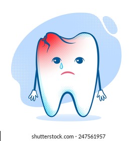 Sorrowful damaged tooth character. Toothache. Vector illustration.