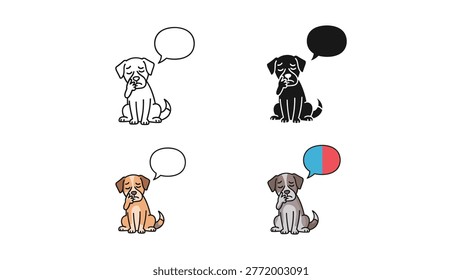 A sorrowful dog contemplating with a thought bubble, shown in line art, solid black silhouette, and colorful versions. Evokes feelings of sadness or worry.