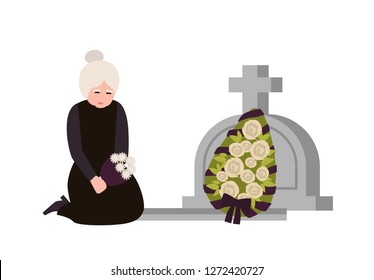 Sorrowful Elderly Woman Dressed In Mourning Clothes Crying Near Grave With Headstone And Wreath. Sad Widow Grieving On Graveyard Or Cemetery. Colorful Vector Illustration In Flat Cartoon Style.