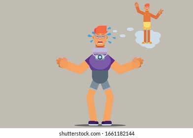 Sorrowful summer characters- An illustration of a boy cry like a little kid imagine having fun in summer. A vector of bad vacation time, this character illustration can use as a sticker also. 