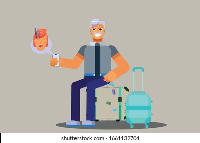Sorrowful summer characters- An illustration of a man gets mad while sitting on a suitcase. A vector of bad vacation time, this character illustration can use as a sticker also. 