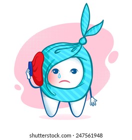 Sorrowful tooth character with ice bag. Toothache. Vector illustration.