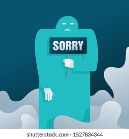 Sorry - apologies emotional illustration - giant human silhouette holds banner with excuses word