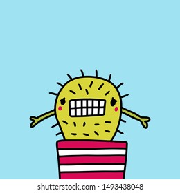 Sorry apologizing cactus hand drawn vector illustration in cartoon style plant with needles blue background card