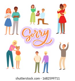 Sorry and apologizing, exuse me cartoon characters of adults and children vector illustration. Man, woman trying to apologize say sorry to mother, wife, husband, child.