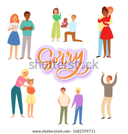 Sorry and apologizing, exuse me cartoon characters of adults and children vector illustration. Man, woman trying to apologize say sorry to mother, wife, husband, child.