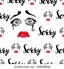 Sorry. Beautiful woman cry and tears vector emoticons, emoji, smiley icons, characters. Fashion illustrated women's emotional faces seamless pattern.